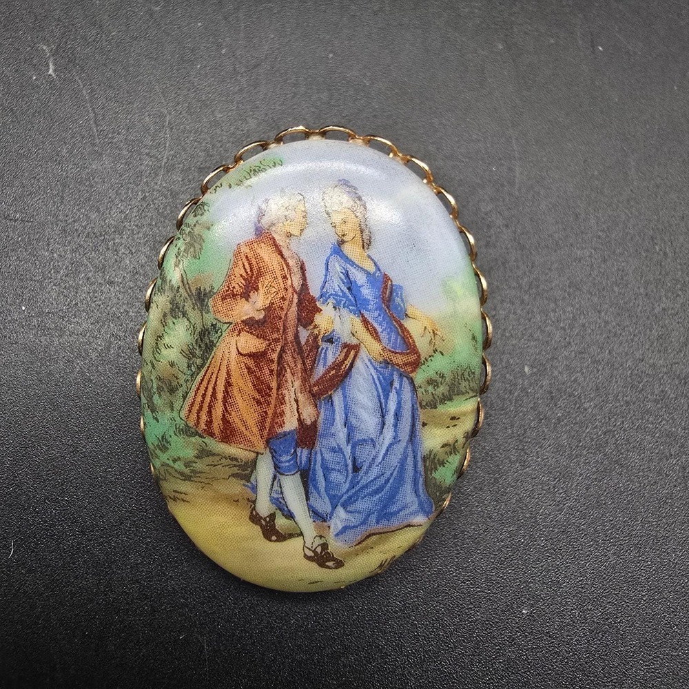 Victorian Courting Scene Brooch Porcelain Oval Vintage